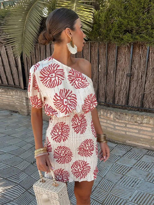 One-Shoulder Printed Mini Dress | Multi-color | Polyester | Elegant and Stylish - ZyraLux Kleding en accessoires