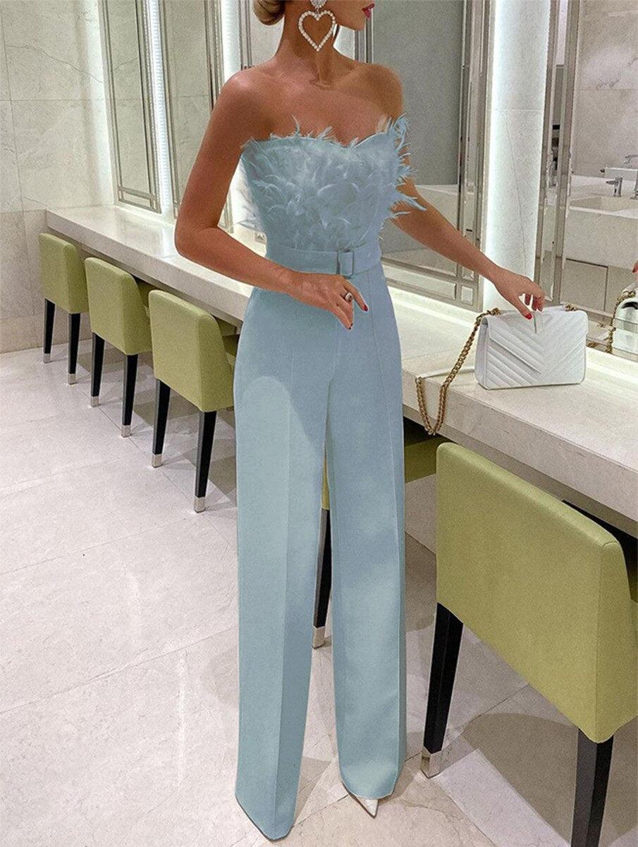 Classic Carnation Feather Tube Jumpsuit Off Shoulder Sleeveless Long Pants - ZyraLux