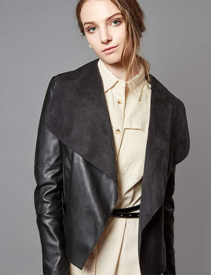 Black Open Front Slim Faux Leather Blazer Jacket - ZyraLux Women's Jacket