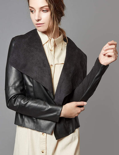 Black Open Front Slim Faux Leather Blazer Jacket - ZyraLux Women's Jacket