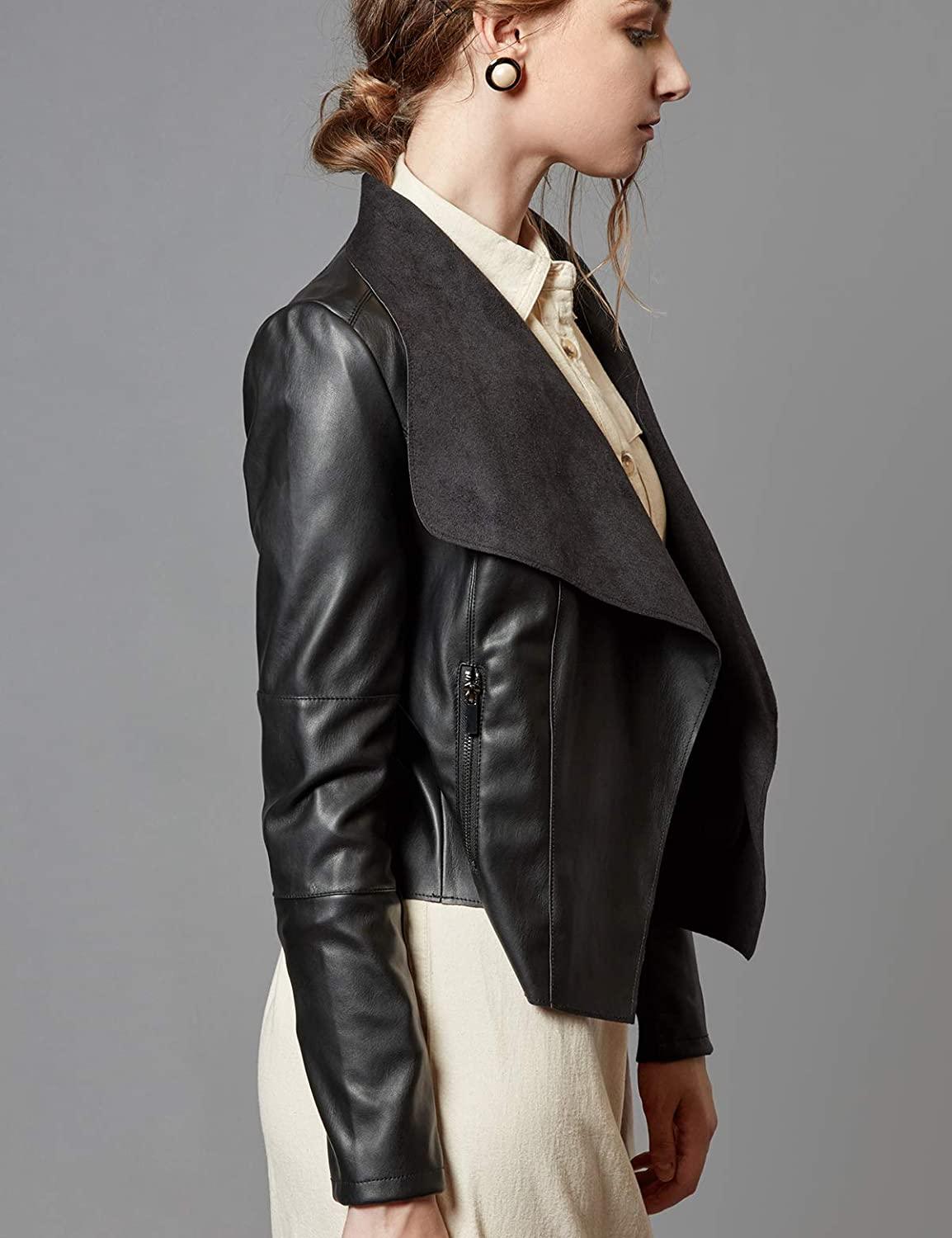 Black Open Front Slim Faux Leather Blazer Jacket - ZyraLux Women's Jacket