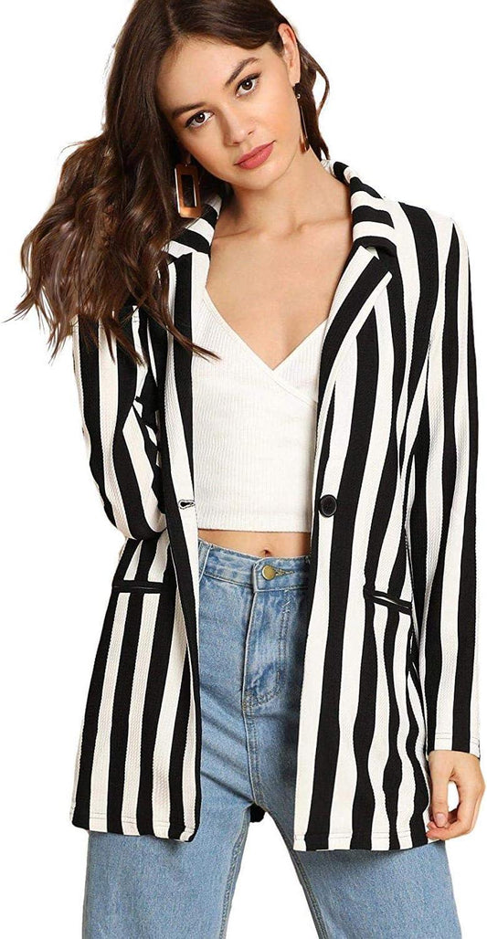 Black & White Striped Business Style Long Sleeve Blazer - ZyraLux