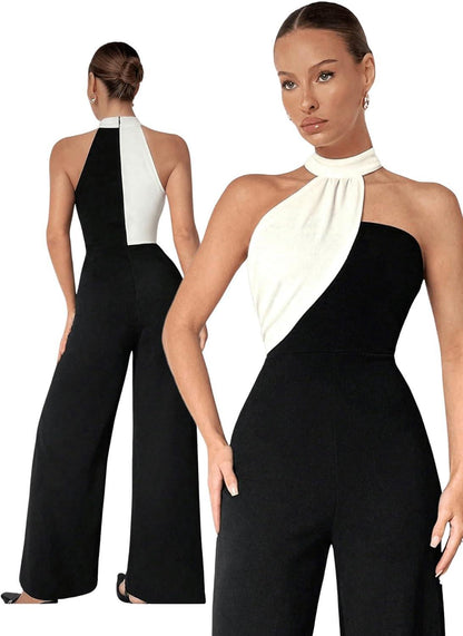 Black & White Asymmetical Halter Jumpsuit - ZyraLux