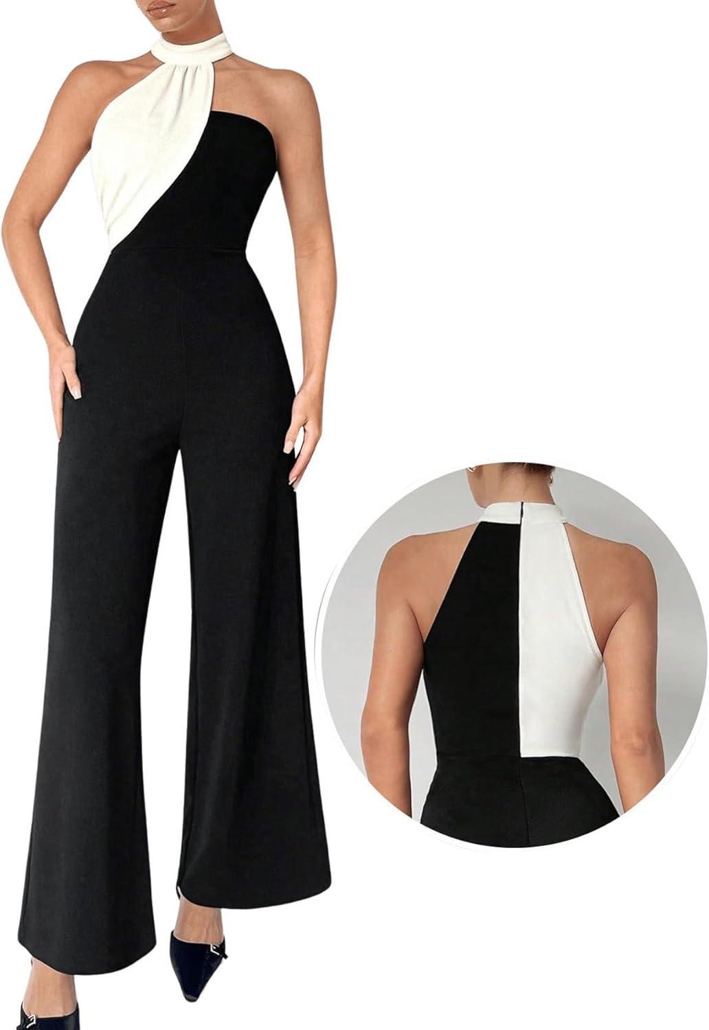 Black & White Asymmetical Halter Jumpsuit - ZyraLux