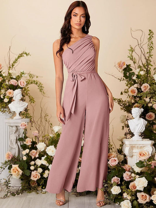 Draped Soft Pink One Shoulder Belted Wide Leg Jumpsuit - ZyraLux Jumpsuit