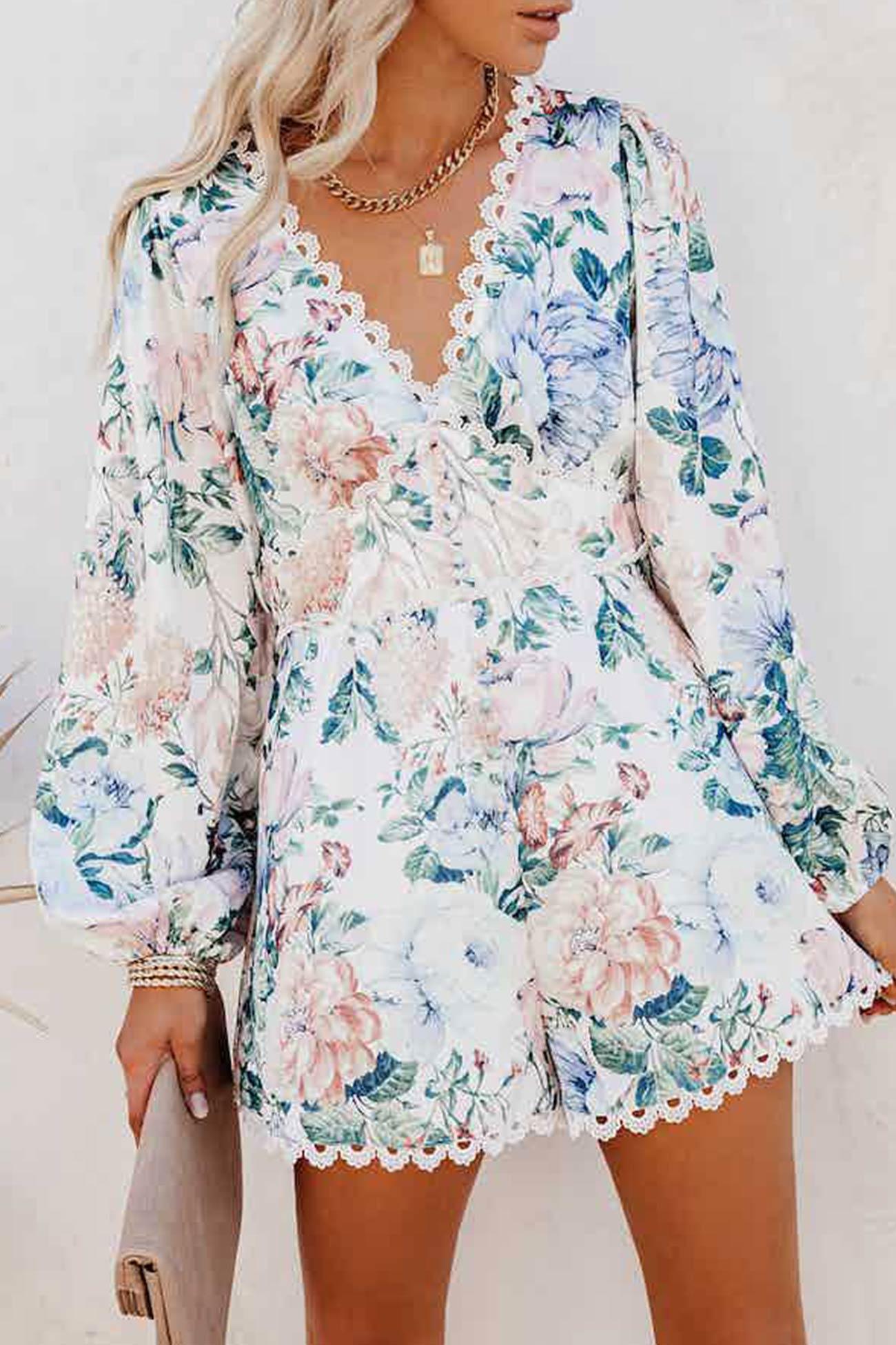 Katya - printed long-sleeved v-neck jumpsuit - ZyraLux