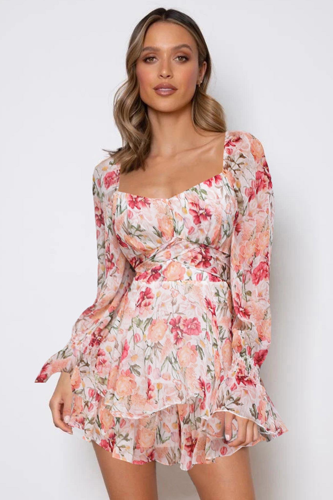 Francesca - floral print long sleeve ruffled skirt jumpsuit - ZyraLux