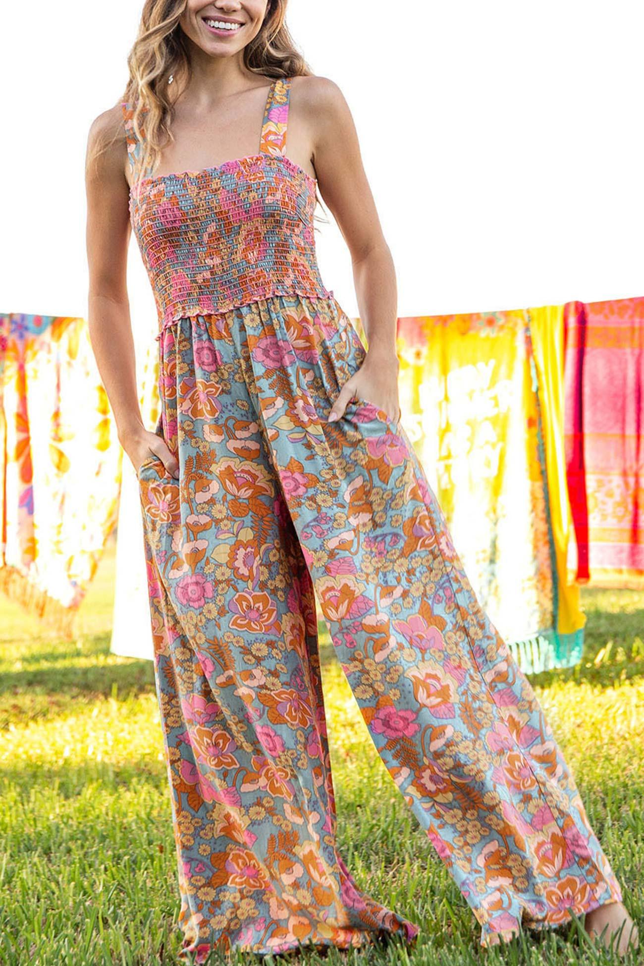 Zinnia - cami jumpsuit met bloemenprint en smokwerk