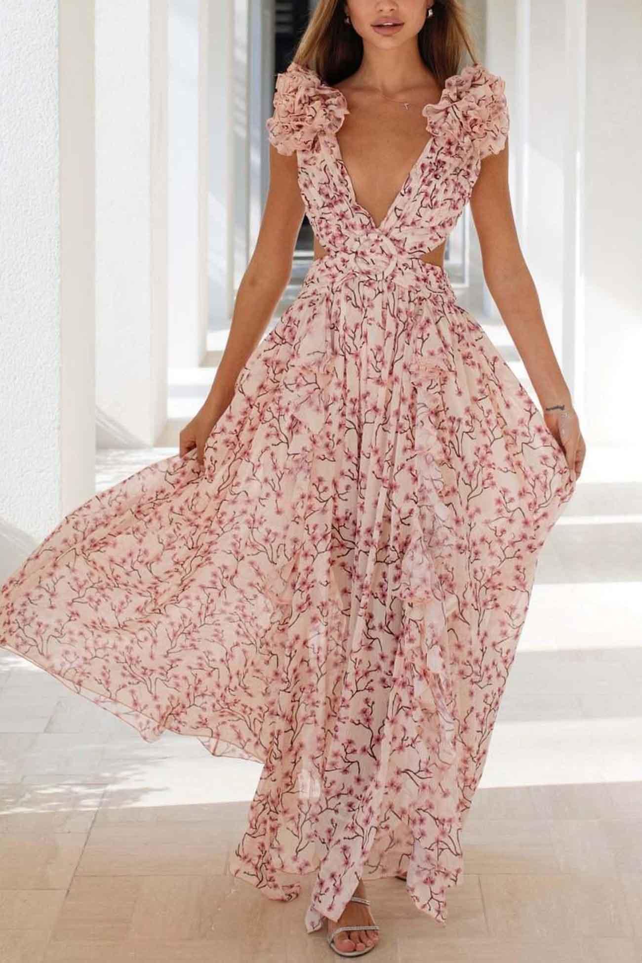 Nara - floral v-neck ruffled cutout backless dress - ZyraLux