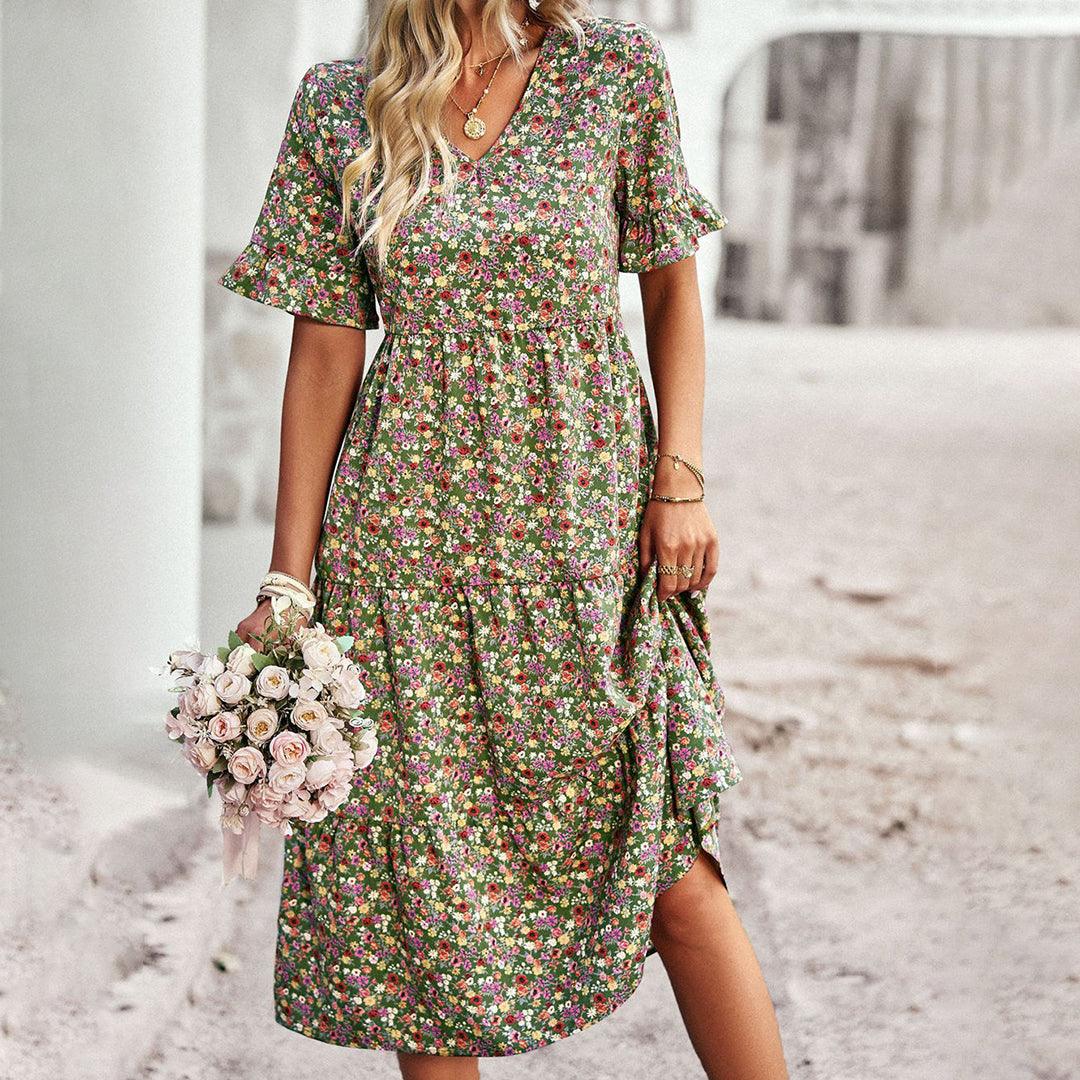 Boho Floral Midi Dress | Apricot | Lightweight Cotton | Perfect for Summer - ZyraLux Kleding en accessoires