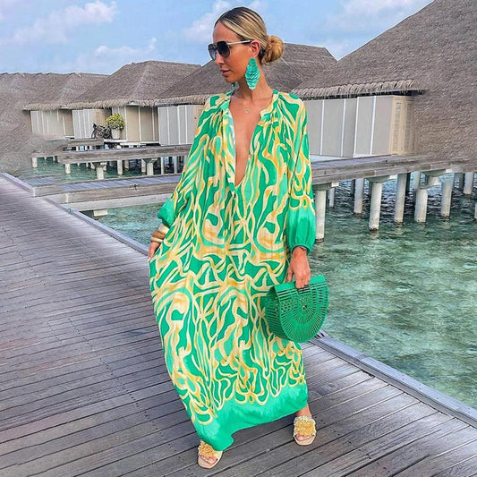 Boho Beach Kaftan Dress | Green | Flowing Chiffon | Casual Wear - ZyraLux Kleding en accessoires