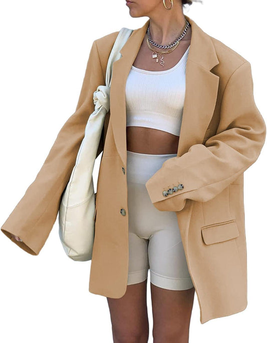 Fashionable Khaki Oversized Boxy Long Sleeve Lapel Blazer - ZyraLux