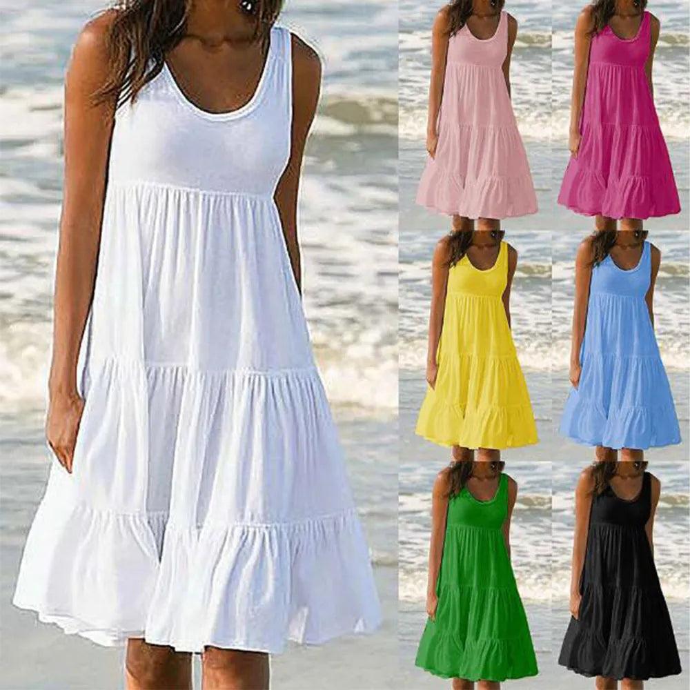 Sleeveless Ruffled Boho Beach Dress - White - Cotton - Light and Flowing - ZyraLux Kleding en accessoires