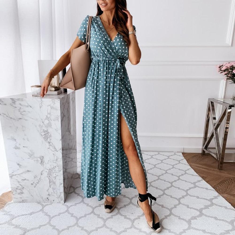 Kaia - Polka Dot Wrap Maxi Dress - ZyraLux