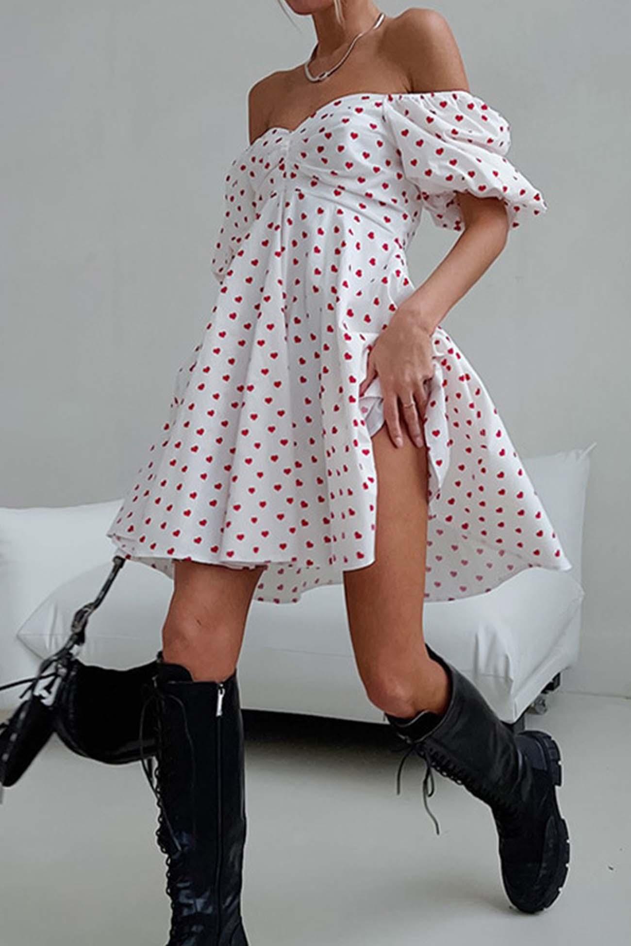 Freyah - heart printed off-shoulder puff sleeve mini dress - ZyraLux