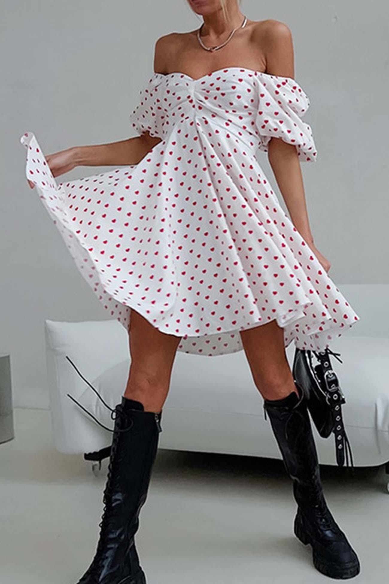 Freyah - heart printed off-shoulder puff sleeve mini dress - ZyraLux