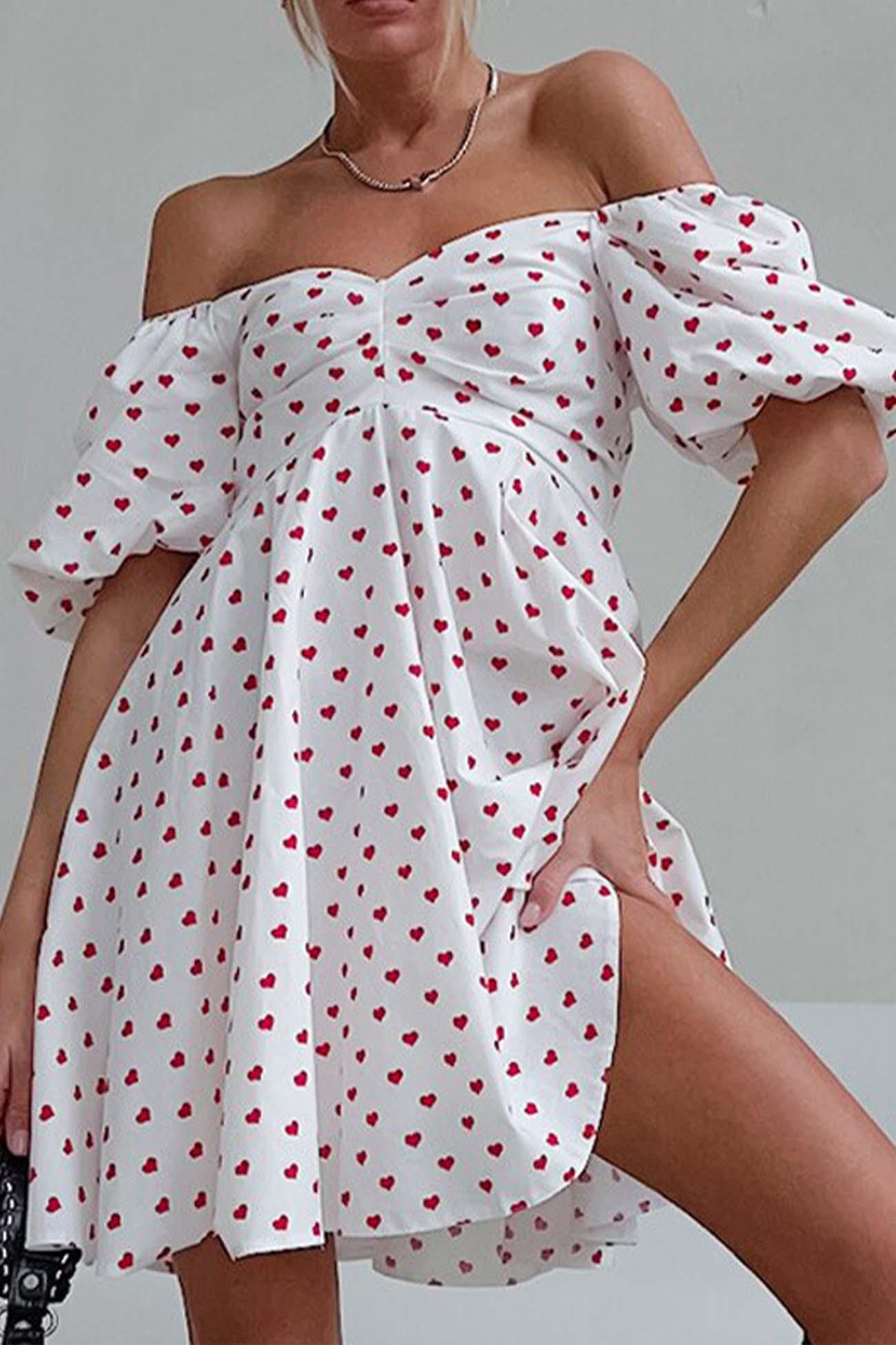 Freyah - heart printed off-shoulder puff sleeve mini dress - ZyraLux