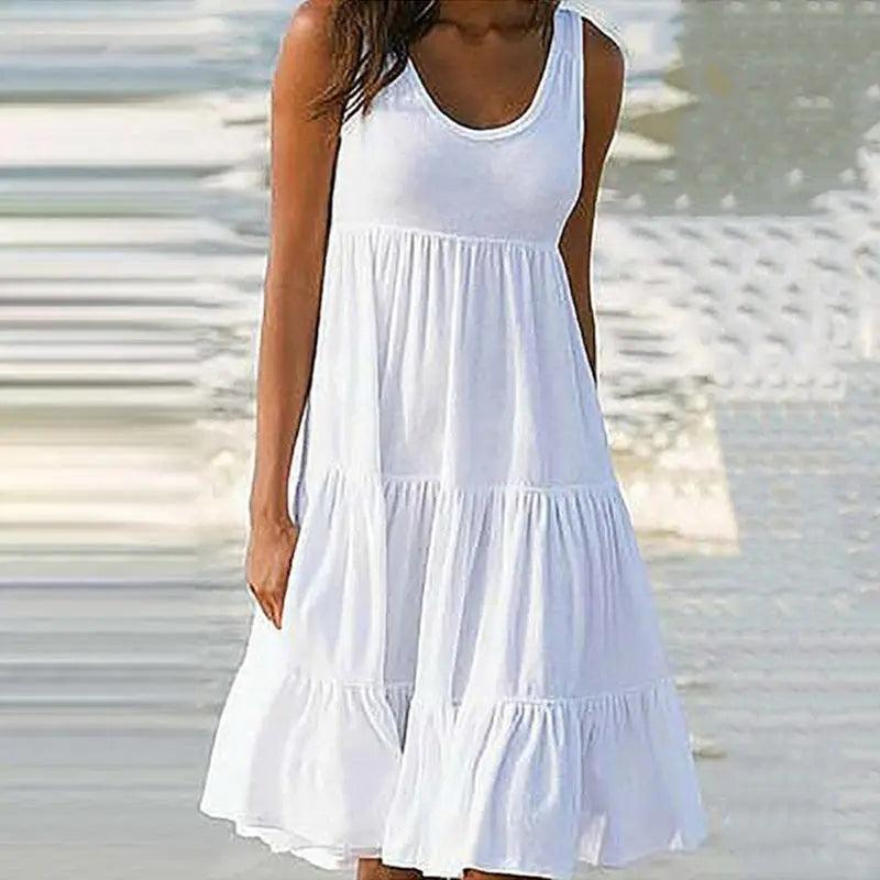 Sleeveless Ruffled Boho Beach Dress - White - Cotton - Light and Flowing - ZyraLux Kleding en accessoires