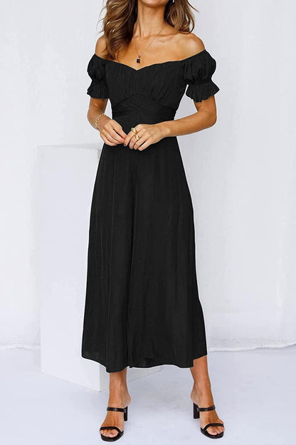 High Waist Black Palazzo Puff Sleeve Sweetheart Jumpsuit - ZyraLux