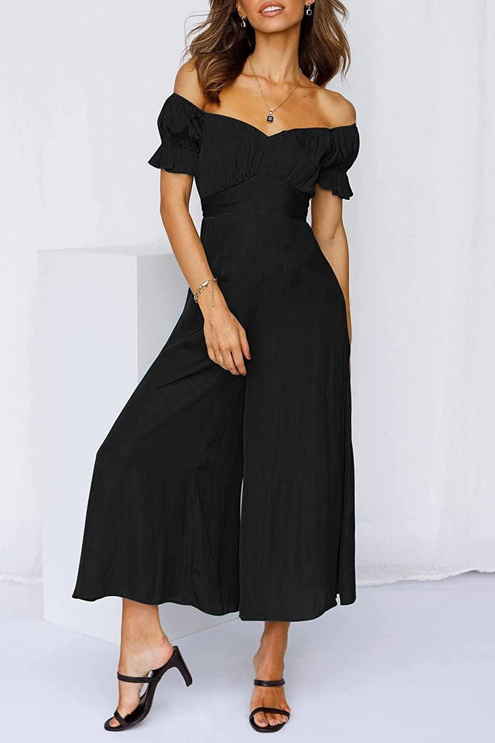 High Waist Black Palazzo Puff Sleeve Sweetheart Jumpsuit - ZyraLux