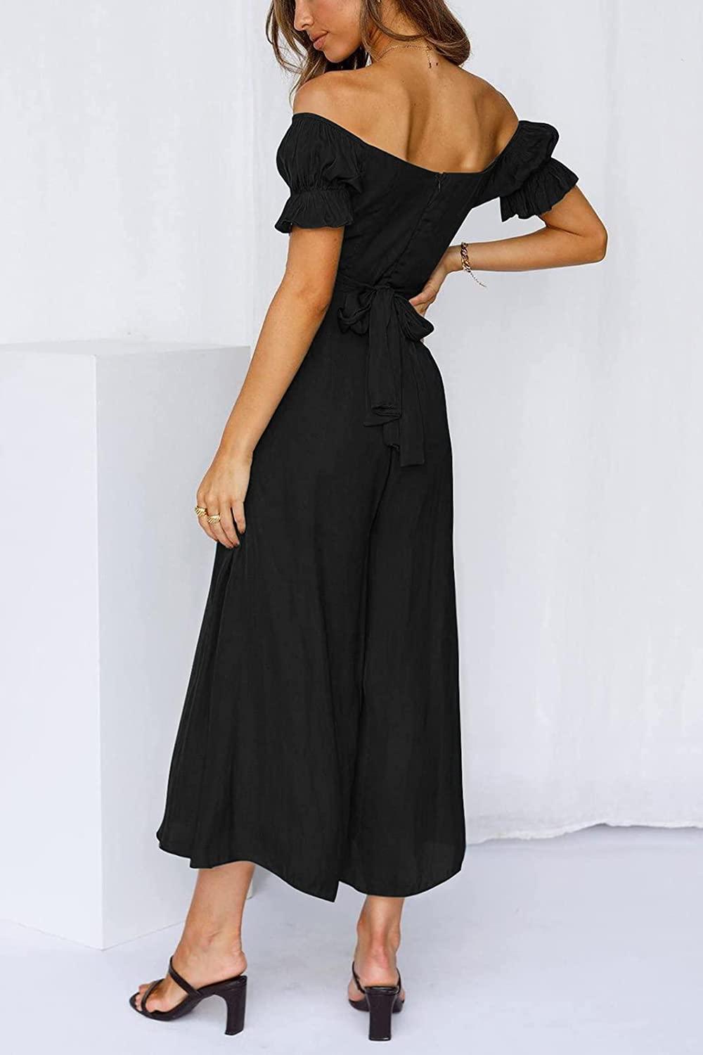 High Waist Black Palazzo Puff Sleeve Sweetheart Jumpsuit - ZyraLux