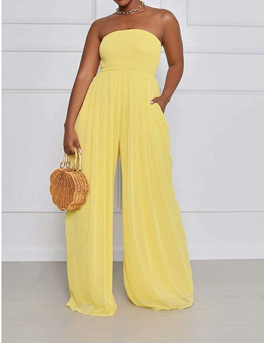 Wild Free Gele Off Shoulder Loose Fit Jumpsuit met Zakken