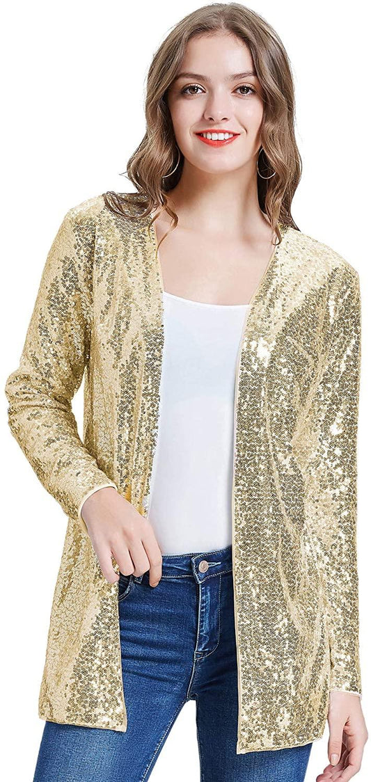 Sparkling Sequin Gold Open Front Long Sleeve Blazer - ZyraLux