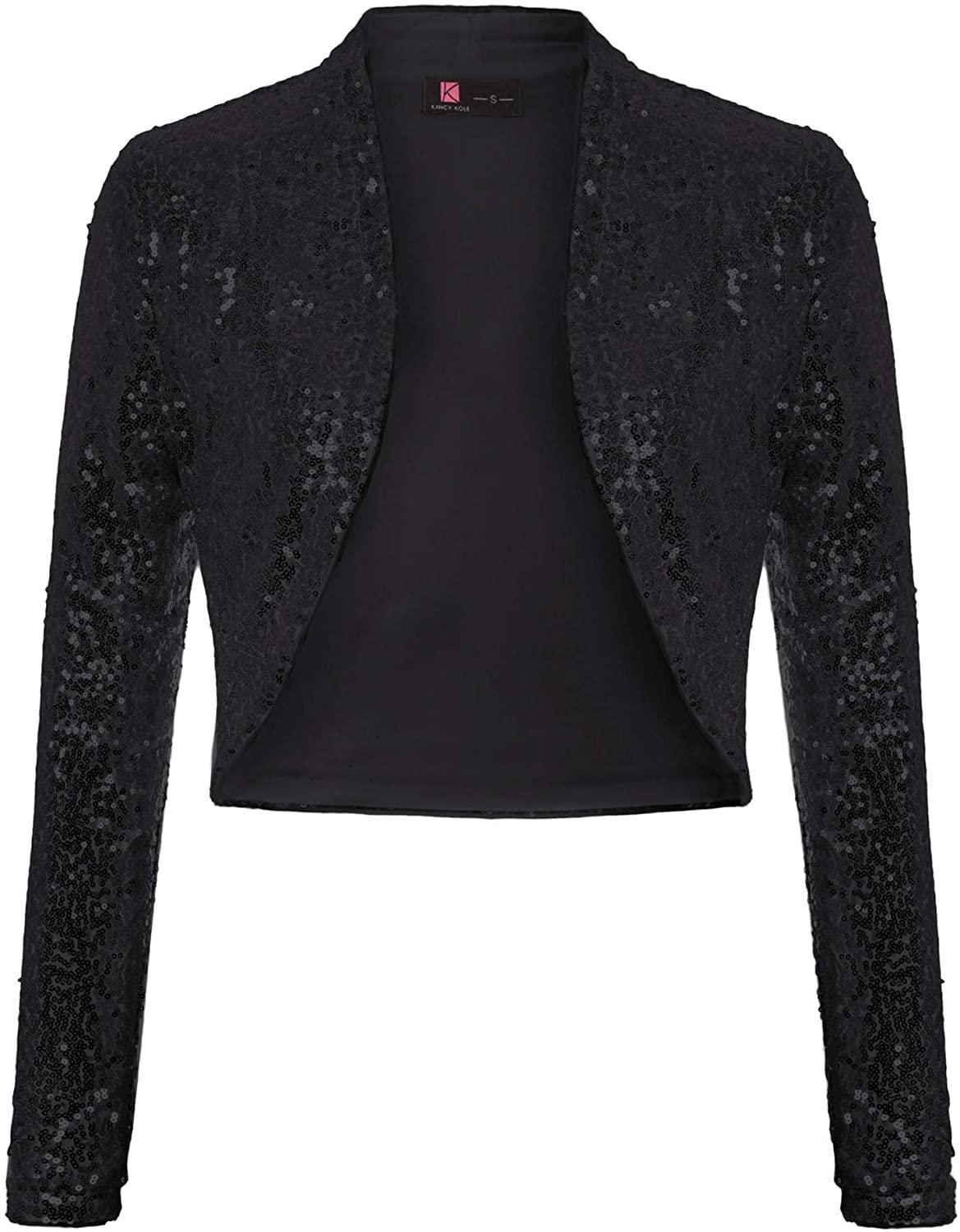 Shiny Black Sequin Shrug Long Sleeve Open Front Blazer Jacket - ZyraLux Women's Plus Size Jacket