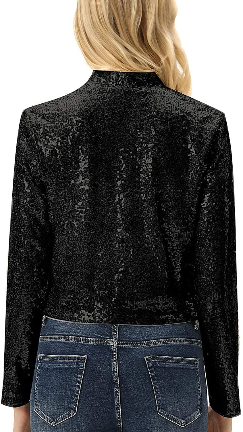 Shiny Black Sequin Shrug Long Sleeve Open Front Blazer Jacket - ZyraLux Women's Plus Size Jacket