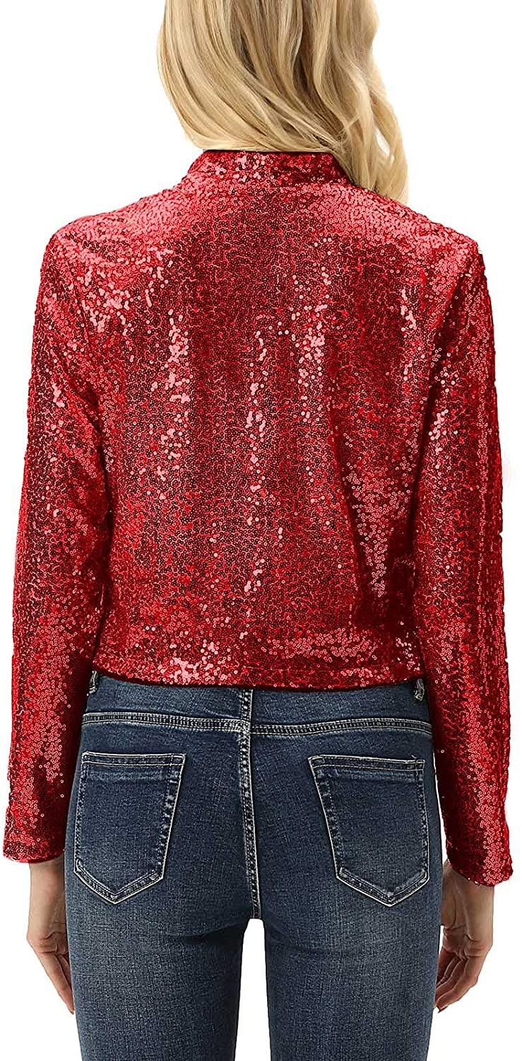 Shiny Silver Sequin Shrug Long Sleeve Open Front Blazer Jacket - ZyraLux Women's Plus Size Jacket