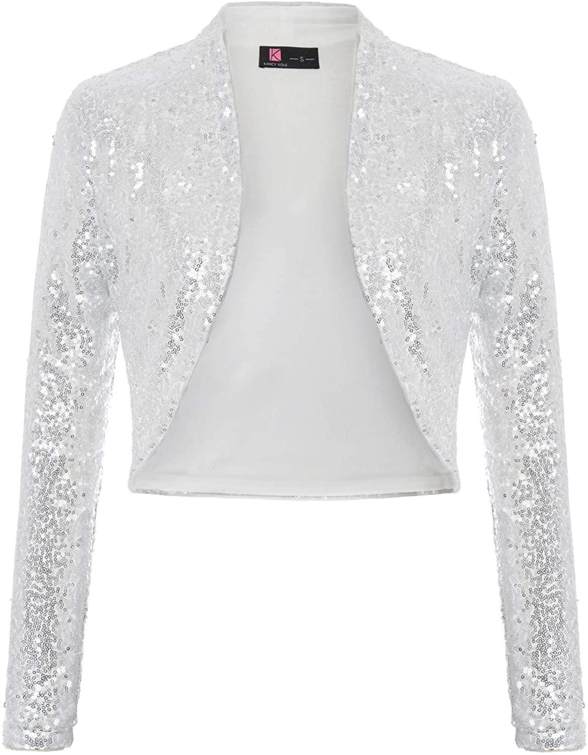 Shiny Silver Sequin Shrug Long Sleeve Open Front Blazer Jacket - ZyraLux Women's Plus Size Jacket