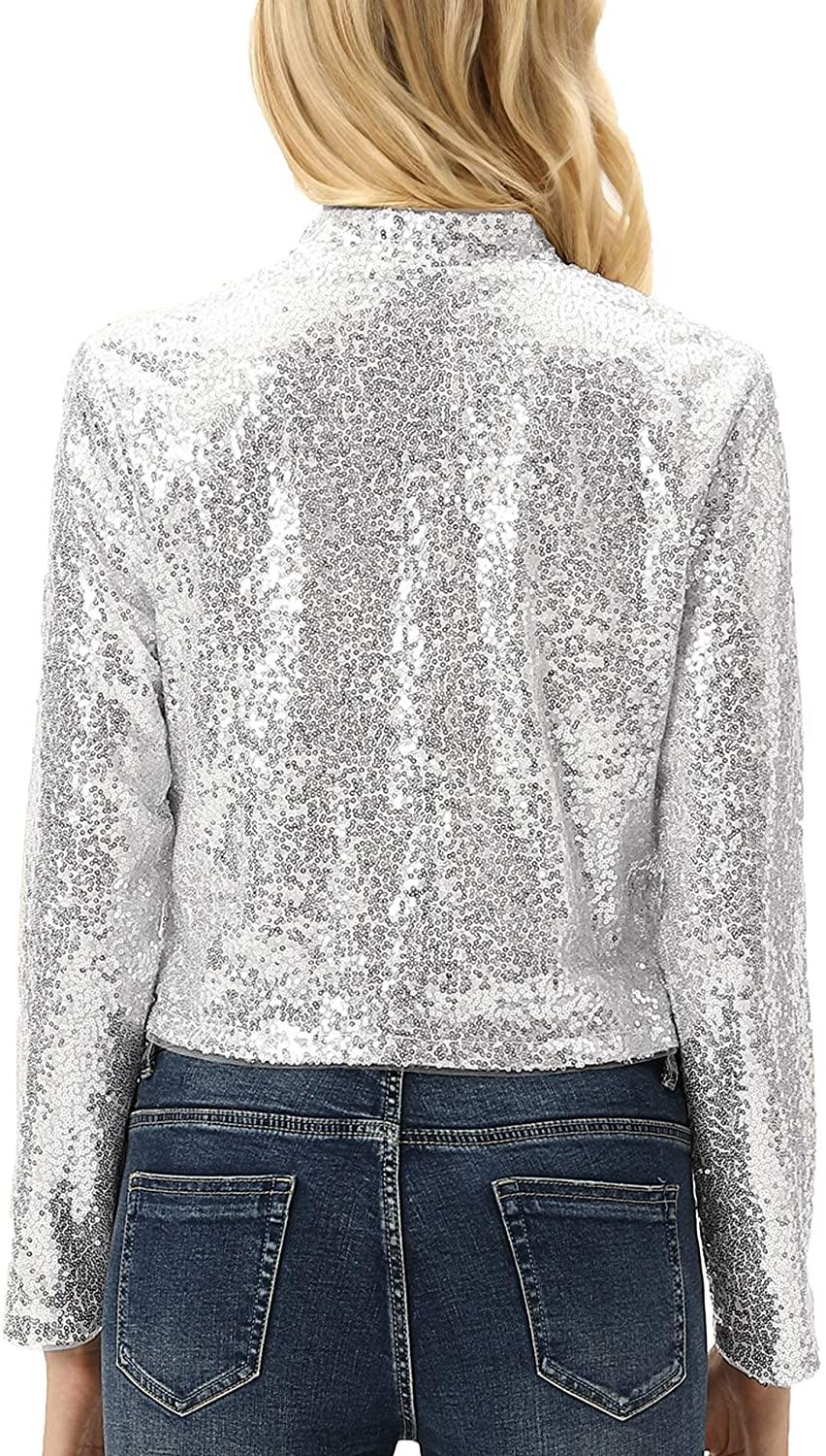 Shiny Silver Sequin Shrug Long Sleeve Open Front Blazer Jacket - ZyraLux Women's Plus Size Jacket