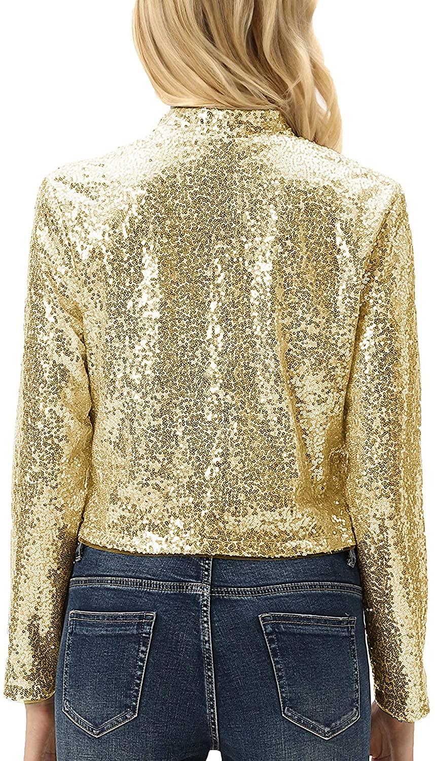 Shiny Black Sequin Shrug Long Sleeve Open Front Blazer Jacket - ZyraLux Women's Plus Size Jacket