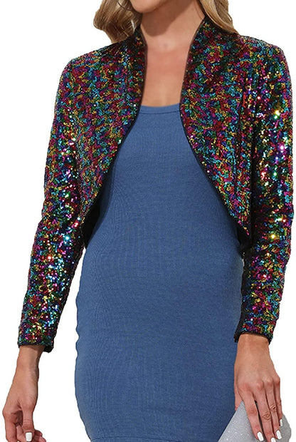 Shiny Silver Sequin Shrug Long Sleeve Open Front Blazer Jacket - ZyraLux Women's Plus Size Jacket