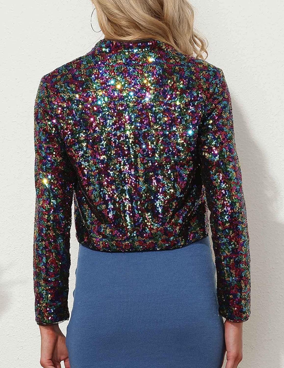 Shiny Silver Sequin Shrug Long Sleeve Open Front Blazer Jacket - ZyraLux Women's Plus Size Jacket