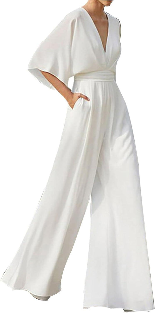 Kimono Sleeve White Deep V Wide Leg Jumpsuit - ZyraLux Skirt