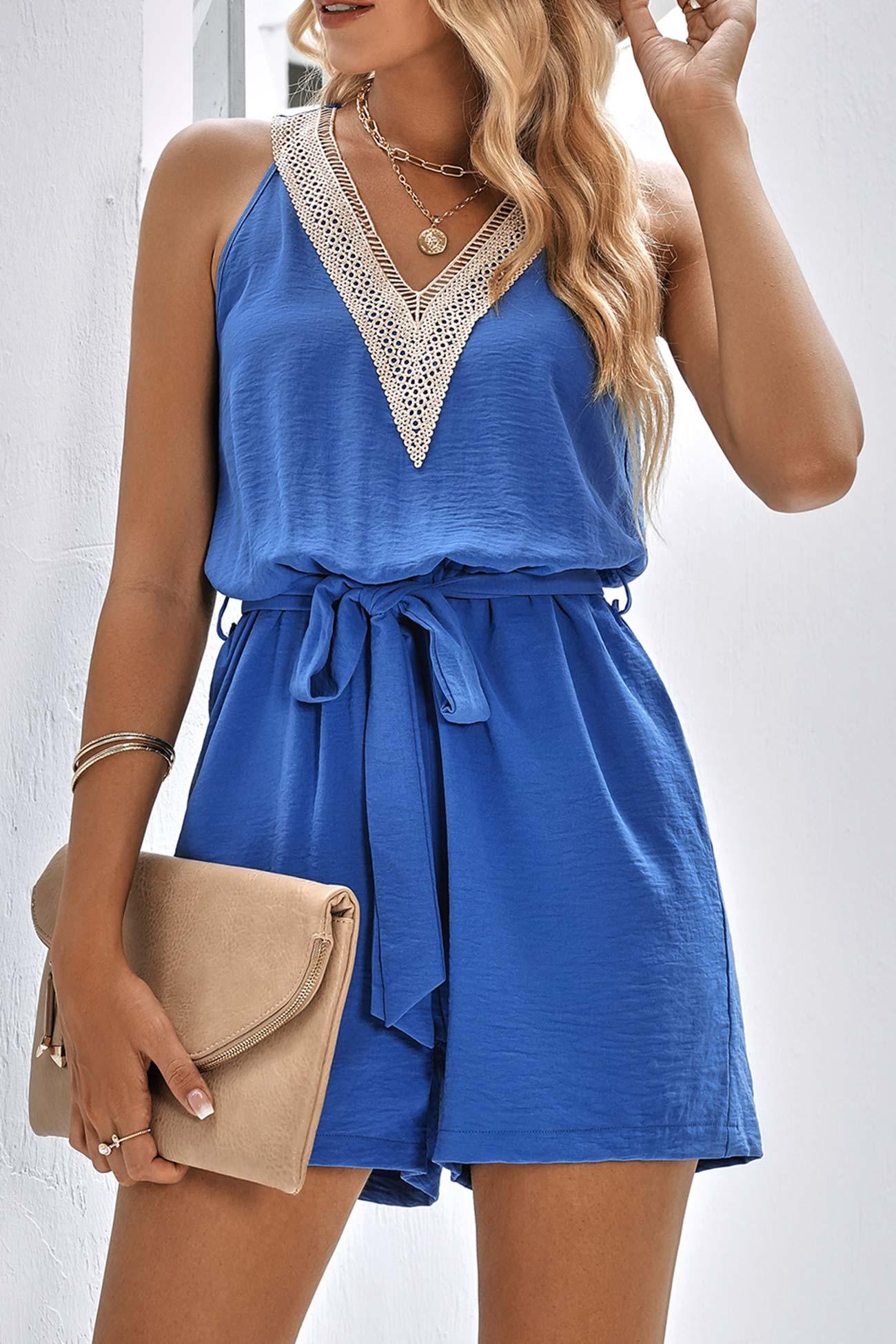 Gwen - lacework v neck tie-waist rompers - ZyraLux