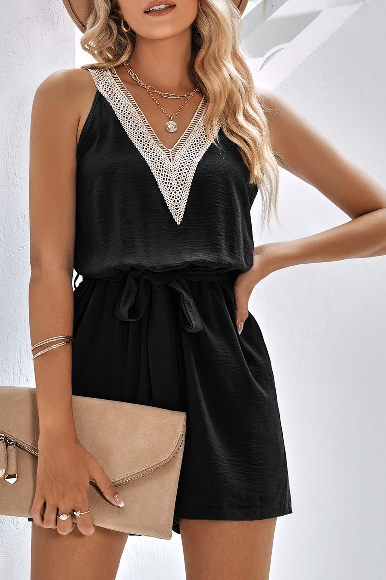 Gwen - lacework v neck tie-waist rompers - ZyraLux