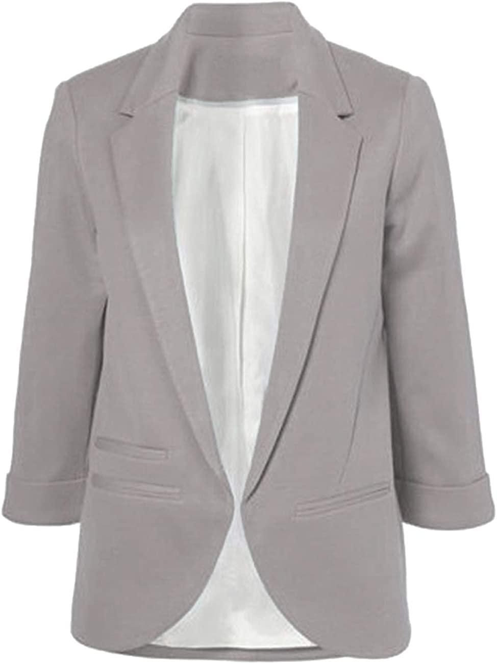 Open Front 3/4 Sleeve Notched Lapel Office Blazer - ZyraLux