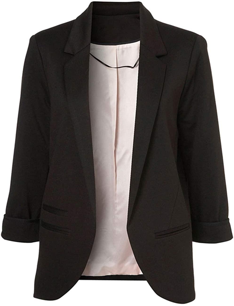 Open Front 3/4 Sleeve Notched Lapel Office Blazer - ZyraLux