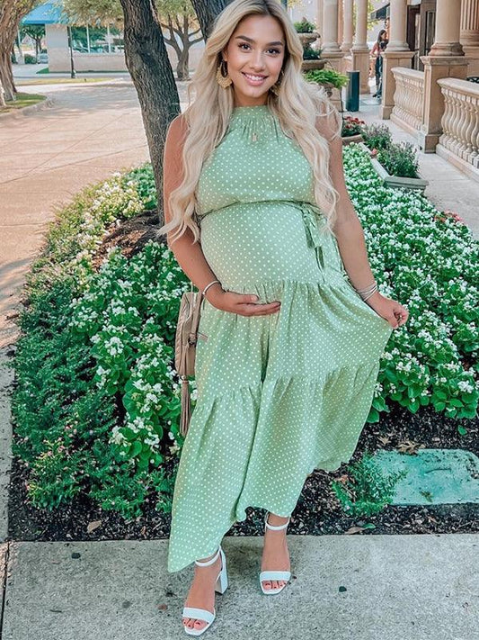 Charming Green Polka Dot Maxi Dress with Flattering Sashes – Perfect for Moms-to-Be! - ZyraLux Everyday Dresses