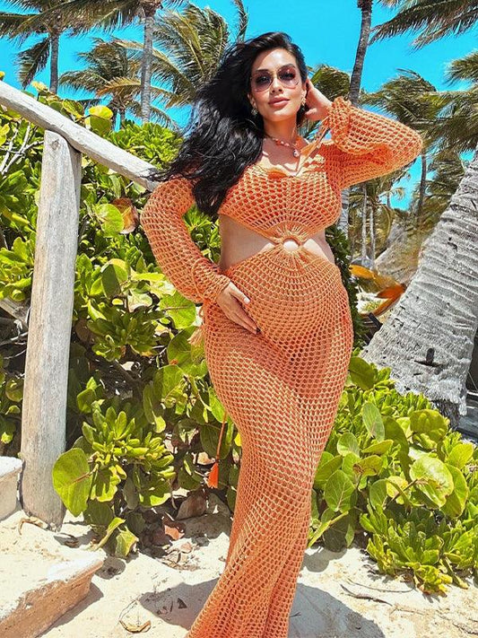 Chic Orange Sheer Tassel Beach Cover-Up Maxi Dress - Perfect for Moms on Vacation! - ZyraLux Maternity Dresses