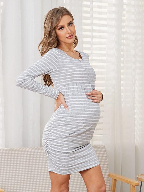 Elevate Your Style: Grey Striped Zipper Round Neck Long Sleeve Bodycon Nursing Dress for Moms on the Go - ZyraLux Maternity Nursing Clothing