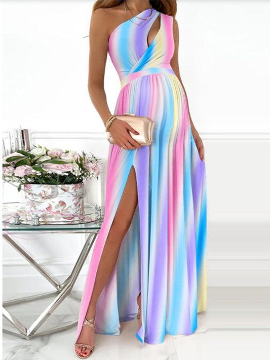 Chic One-Shoulder Slit Maxi Dress in Rainbow Pink & Blue - Perfect for Elegant Gender Reveal Celebrations! - ZyraLux Baby Shower Dress-22511