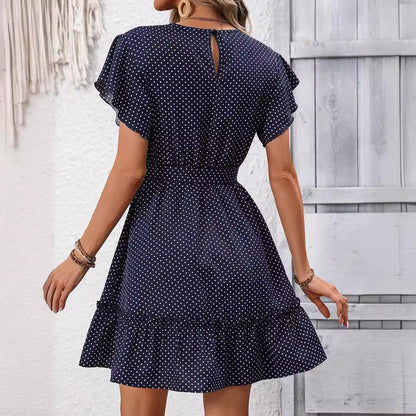 Rowie - elegant polka dot ruffle sleeve dress with belt - ZyraLux