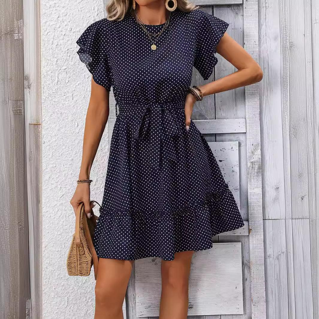 Rowie - elegant polka dot ruffle sleeve dress with belt - ZyraLux