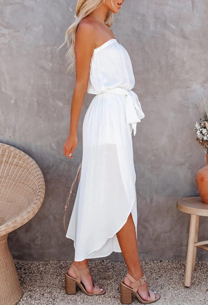 Dames strapless tube top split wijde pijpen witte jumpsuit met riem 