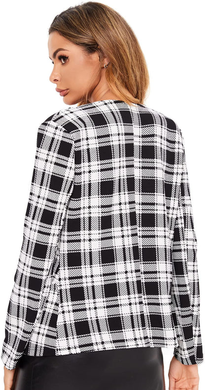 Elegant Open Front White and Black Houndstooth Blazer - ZyraLux outerwear