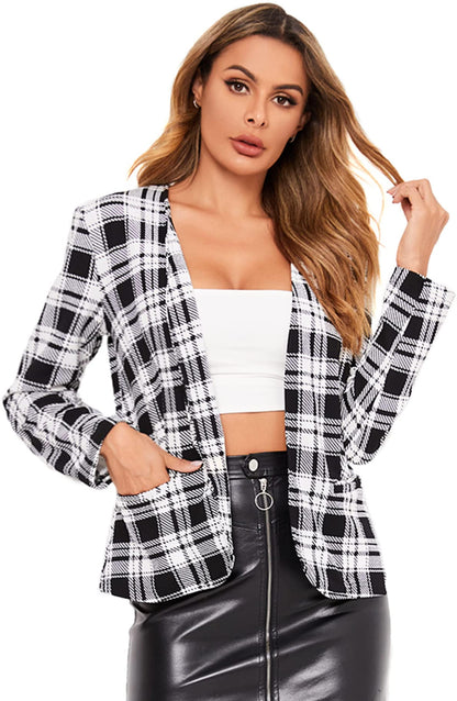 Elegant Open Front White and Black Houndstooth Blazer - ZyraLux outerwear