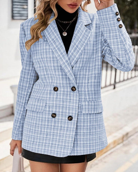 Fashionable Plaid Blue Tweed Long Sleeve Blazer Jacket - ZyraLux